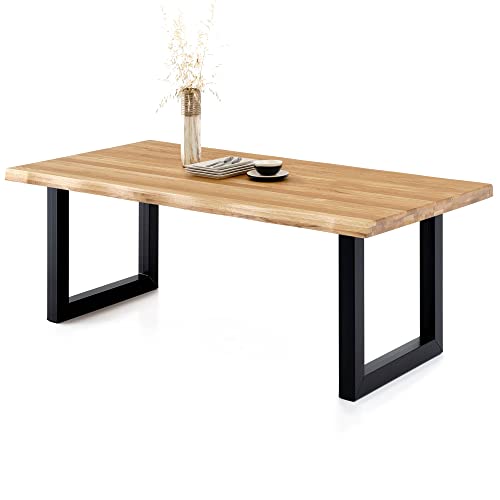 COMIFORT Table à Manger - Meuble de Salon Bureau Robuste et Moderne en Chêne Massif Couleur Dorée avec Côté Ondulé, Pieds en Acier U-Forme Noirs (200x100 cm)