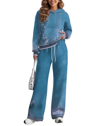 TIAFORD Women's 2-Piece Teal Blue Gradient Floral Trim Loungewear Set