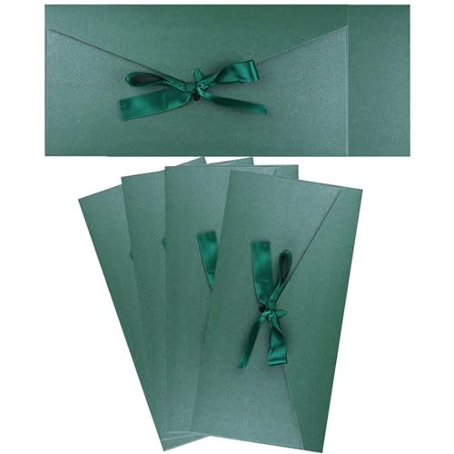 4 Pack Kraft Paper Envelopes with Ribbons, 22 * 10.9 cm Luxury Mailing Envelopes, Invitation Envelope for Festival, Party, Greeting Cards, Gift Cards - Dark Green