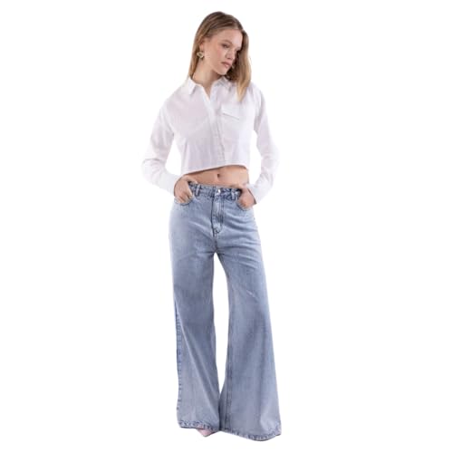 Jean dégradé jambe large pour allonger la silhouette sans cambrure douloureuse