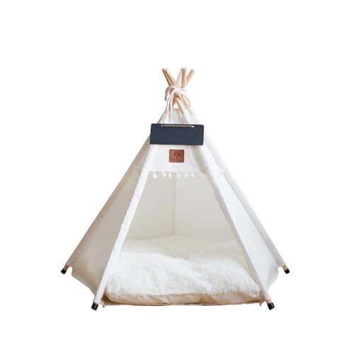 CYWOPVEQ ペットテント 純木猫屋内テントパッド入りパッド、携帯用犬小屋 かわいい洞窟犬ベッド (ホワイト,中くらい)