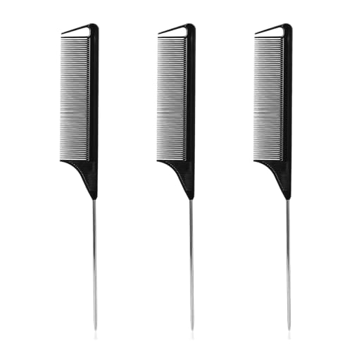 Hroevc 3PCS Rat Tail Combs, Parting Combs for Braiding Hair Women/Wen, Metal Fine Tooth Combs for Highlighting and Parting(Black)