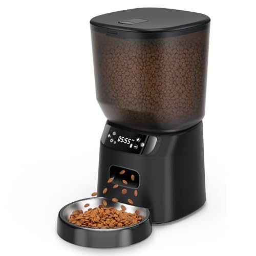 Automatic Cat Feeder, Cat Food Dispenser with Stainless Steel Bowl, Timed Portion Control 20 Portions 6 Meals Per Day, Voice Recorder, Dual Power Supply for Small Dogs (Black)