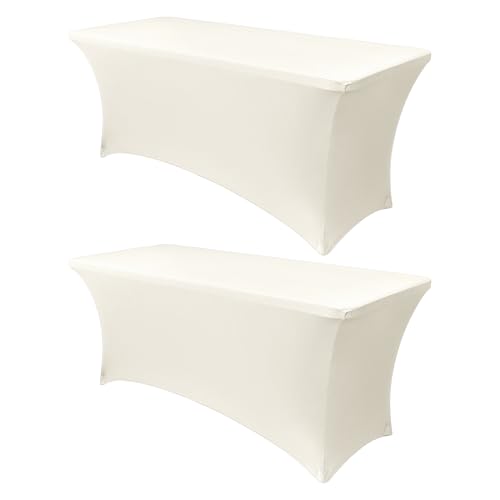 Image of Obstal 4Ft Stretch Spandex Table Cover for Standard Folding Tables - 2 Pack Universal Rectangular Fitted Tablecloth for Party, Banquet, Events, Trade Show (Cream, 48L x 24W x 30H Inches)