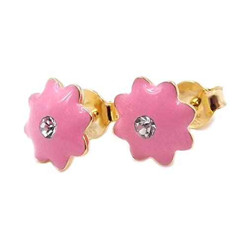 Pendientes flor rosa oro 14k para el colegio y fiestas infantiles