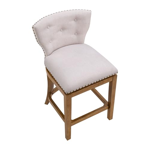 Image of ROME + OAK Carlynd 26 inch Counter Stool, Set of 2 Low Back Swivel Kitchen Barstool in Weathered Oak Finish with Sand Fabric Upholstered Seat
