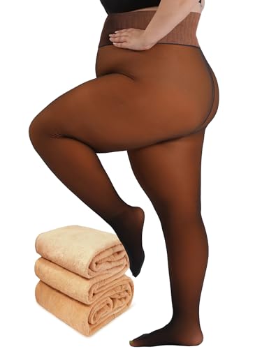 Image of Plus Size Fleece Lined Tights Women, Control Top Thermal Tights for Women, Fake Translucent Winter Warm Tights