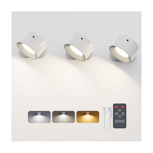 Feallive LED Wall Lights with USB Charging Port 3 Pcs Reading Light Dimmable Touch Control 360 Free Rotation Bedside Sconce Lamp for Bedroom Remote Control White