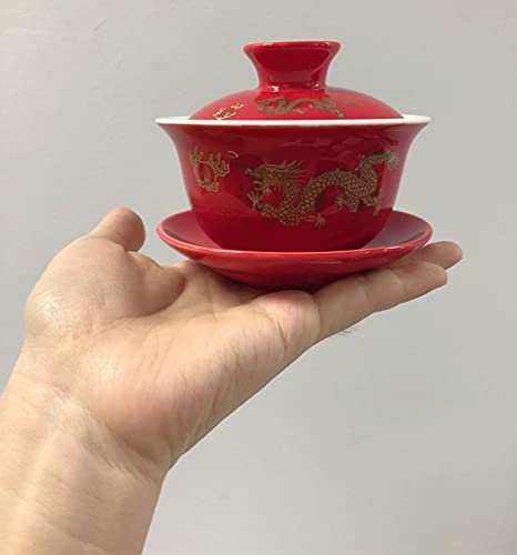 YBK Tech Porcelain Kung Fu Tea Cup and Saucer with Lid, Chinese Traditional Gaiwan Sancai Tea Bowl Tea Set Dragon Pattern (Red (Slightly Bigger))
