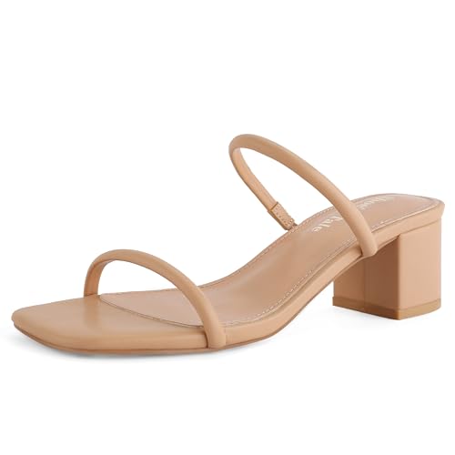 Shoe'N Tale Strappy Heels for Women Square Open Toe Two Strap Low Block Heel Slip on Dressy Sandals Shoes