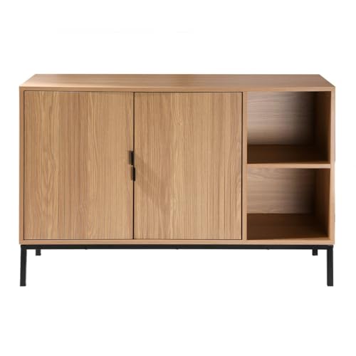 Calicosy - Aparador de 2 puertas y 2 nichos abiertos - Madera ranurada - Colección Tara - Mueble Aparador - Almacenamiento Salón, Comedor - Estilo Moderno - L 110 x D 35 x 76 cm