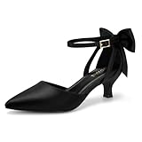 Carcuume Women's Kitten Heels with Bow Closed Toe Pumps Ankle Strap Wedding Shoes, Beni-Black Satin-7.5