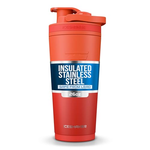 Ice Shaker Insulated Stainless Steel Shaker Bottle | 26oz, Orange Color Rush | Cold for 30+ Hours | Insulated Cup with Twist-on Agitator | Bottle for Protein Shakes, Smoothies, Cocktails
