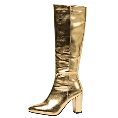 ZOGEER Womens Gold Gogo Knee High Boots Chunky High Heel Square toe Tall Autumn Winter Long Shoes Zipper Gold 37