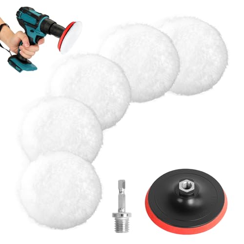 AiQInu 125mm Tampon Polissage En Laine, Jeu de disques de polissage 7 pièces, Pour Le Polissage Et Le Cirage De Voiture, Avec M14 Adaptateur De Perceuse