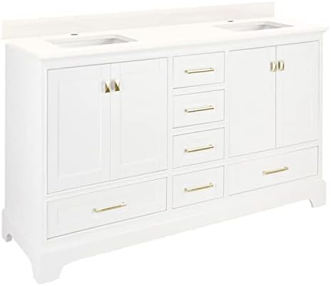 Signature Hardware 480782 Quen 72" Free Standing Double Vanity Set with Wood Cabinet, Vanity Top and Rectangular Undermount Vitreous China Sink - Single Faucet Hole - Soft White/Arctic White