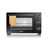 SEVERIN Mini Four à chaleur tournante 46 L avec pierre à pizza et tournebroche, Four posable 1 800 W design élégant, électrique avec minuteur 120 min, Noir, TO 9025