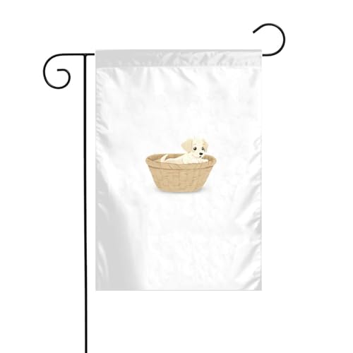 WHJSHOP Perrito en una cesta tejida imprime banderas de jardín de 12 x 18 pulgadas para decoración de patio con 3 cm de ancho de posición de poste (solo bandera, no incluye mástil)