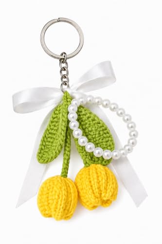 Image of Handmade Crochet Tulip Keychain with Pearl String - Cute Floral Bag Charm & Aesthetic Purse Pendant, Knitted Flower Keyring Accessory Gift for Girls & Women