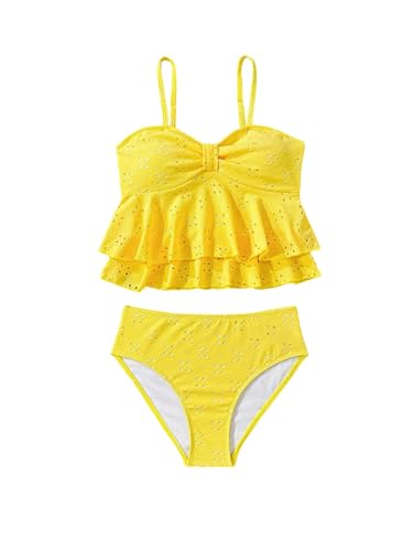 MakeMeChic Girl's Tankini Swimsuits SetsRuffle Tiered Spaghetti Strap Eyelet Embroidery Bathing Suit
