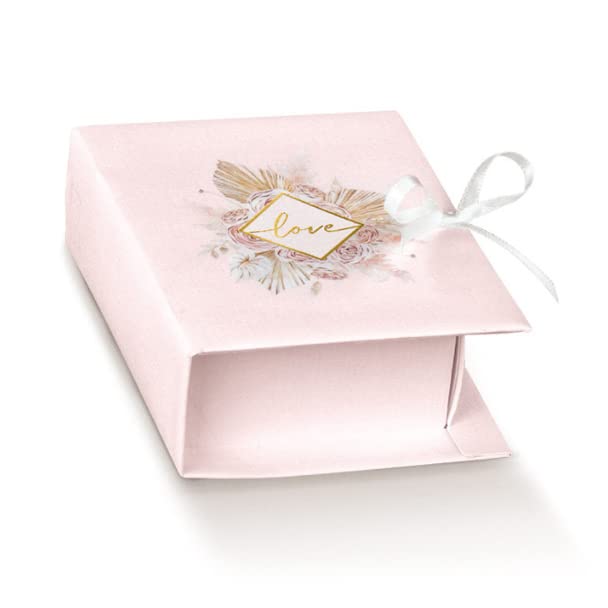 Boîtes à dragées en forme de livre LE GEMME DI VENEZIA avec cartes, lot de 40 rose