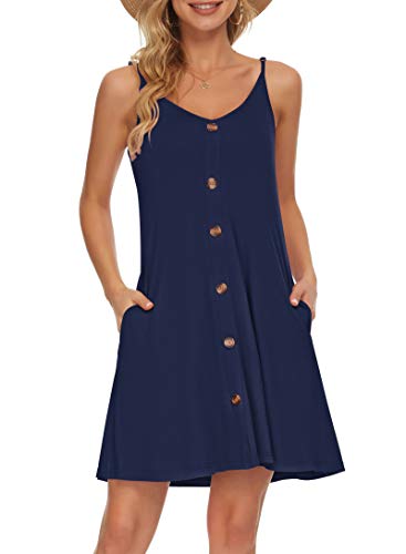 AUSELILY Vestido de Playa Informal con Cuello en V y Correa de Espagueti de Verano para Mujer con Bolsillos(Azul Marino,XX-Large)