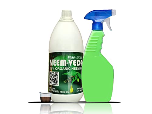 Home-Secure Neem Veda Organic Cold Pressed Neem Oil for Plants – Natural Pest Control, Organic Gardening Solution – Pure and Effective (With ML Cup, Spray Bottle) (Pack of 1 Ltr)