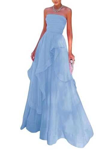 Robe de bal longue sans bretelles en mousseline de soie pour femme - Robe de demoiselle d'honneur - Robe de soirée formelle - Robe de mariée, bleu ciel, 36