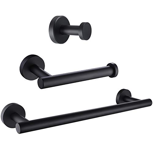 Aomasi - Juego de accesorios de baño de 3 piezas, color negro mate, kit de accesorios de baño modernos de acero inoxidable con gancho redondo para bata, soporte para papel higiénico y barra de toalla