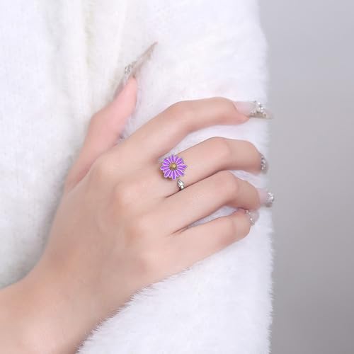 OIDIMS Purple Daisy Fidget Ring Unique Crystal CZ Wrap Finger Spinner Rings Sunflower Adjustable Open Wedding Band Stackable Rotating Calming Worry Anxiety Stress Relief Rotating Jewelry for ADHD3