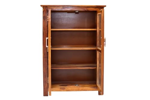Image of DADDYFURNITURE? Solid Sheesham Wood Kitchen Cabinet Display Rack with 3 Shelf for Living Room | Solid Wood Bookcase for Home Furniture. (Honey Teak)