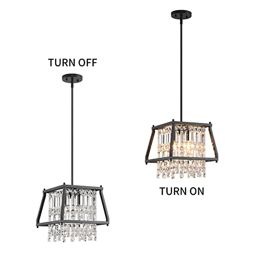 Image of LMQNINE Farmhouse Chandelier - Black Metal Crystal Pendant Light for Kitchen, Dining Room, Living Room - Flat & Inclined Ceiling (Trapezoid -11.81in)