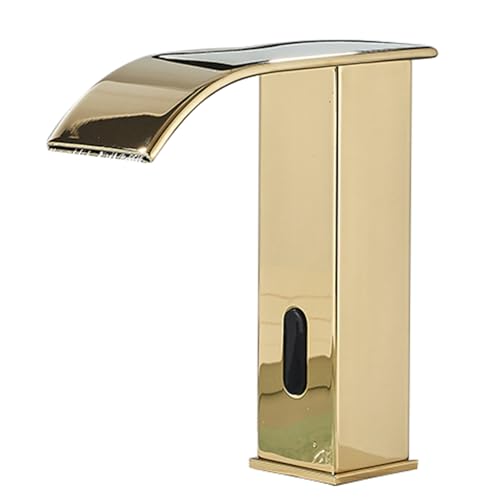 XJTNLB Sensor Taps for Wash Basin Waterfall Taps for Bathroom Basin Hot and Cold Bathroom Taps Infrared Basin Tap Brass Battery Powered,Golden,Low
