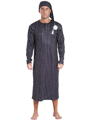 Pyjama rayé homme renvena avec robe de nuit noire à manches longues et bonnet à pompon taille L