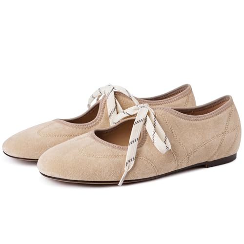 CHARMUST Women's Lace Up Round Toe Ballet Flats Bow Slip On Mary Jane Flats Comfortable Casual Ballerina Shoes,Brown,7.5