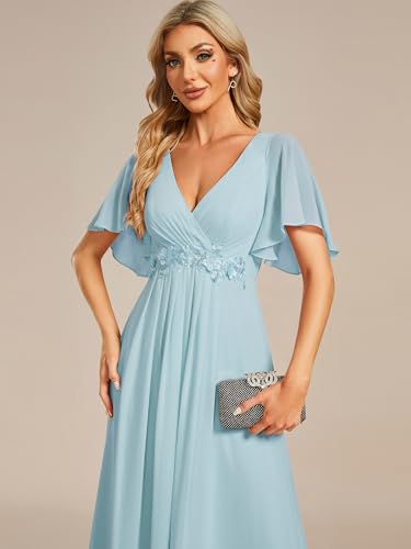 Image of Ever-Pretty Womens V Neck Applique Mother of the Bride Dresses Formal Dress | Chiffon, Short Sleeves, Ruched, A-Line, Bridesmaid Dresses, Formal Gown, Black Tie Dress