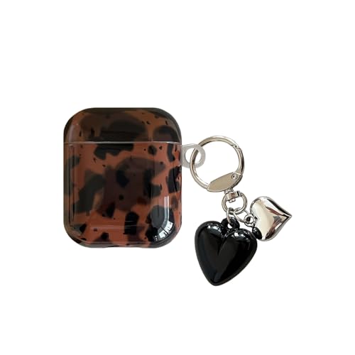 Retro Brown Tortoise Shell Case for AirPods 1&2 with 3D Love Keychain - Cute Amber Cheetah Print Trendy Glossy Turtle Shell Girls Women Soft Slim Protective Cover for AirPods 1((Turtle Shell)