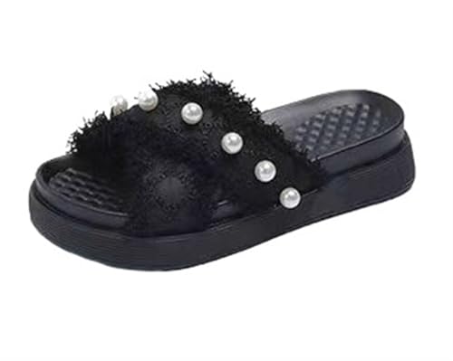 Platform Slides Sandals For Womens Simple Pearl Embellished Slip-on Peep Toe Backless Beach Party Slipper