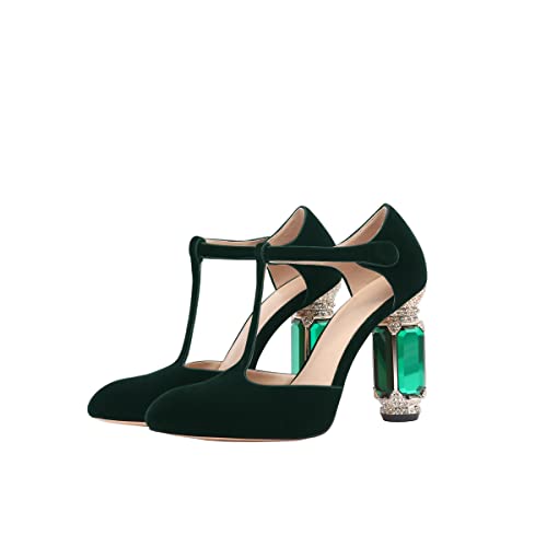 JANSEVEN Women Chunky High Heels Block Heeled Crystal Pumps Unique Jewel Gemstone Heel Round Closed Toe With Rhinestone Suede T-strap Sandals Party Bridal Wedding Shoes3