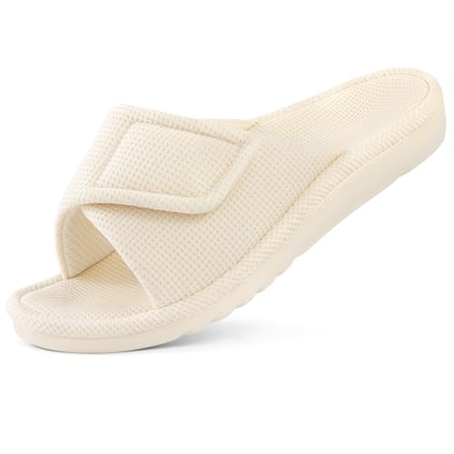 Image of shevalues Summer House Slippers for Women with Arch Support Breathable Waffle Cotton Indoor Slippers Slip on Open Toe Home Shoes