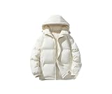 Men's Casual Warm Jacket Couple Hooded Cotton Coat Puffer Jacket Long Sleeve Coat Cream White M