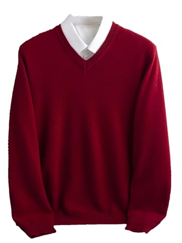 Adhdyuud Camisola de inverno de lã merino para homem, decote em V, manga comprida, camisola de malha grossa de caxemira, Grená, M