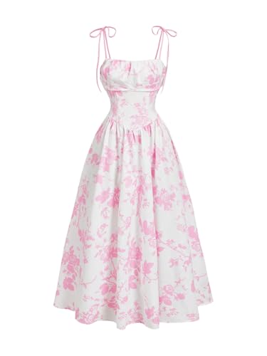 Image of SHENHE Women's Floral Bustier Corset Dress Tie Shoulder Smocked Flowy Boho Long Dress Sundress