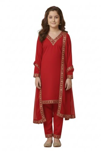 Image of Girls Stylish Rayon Lace Work Kurti with Dupatta and Pant