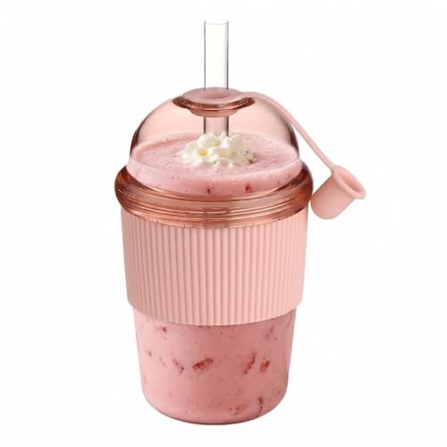 kuoleopa Reusable Ices Coffee Cups with Lids and Straws 14oz Boba Cup with Straw Leak Proof Tumbler with Silicone Sleeve for Cold Drinks Iced Coffee Bubble Tea Pink