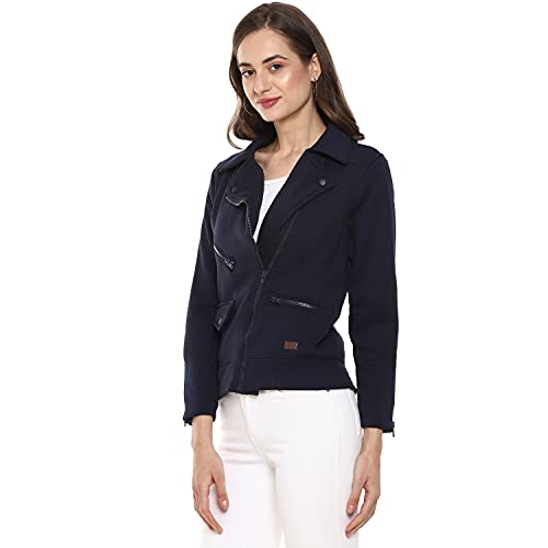 Image of PINACOLADA Spread Collar Navy Blue Solid Stylish Zipper Casual Jackets