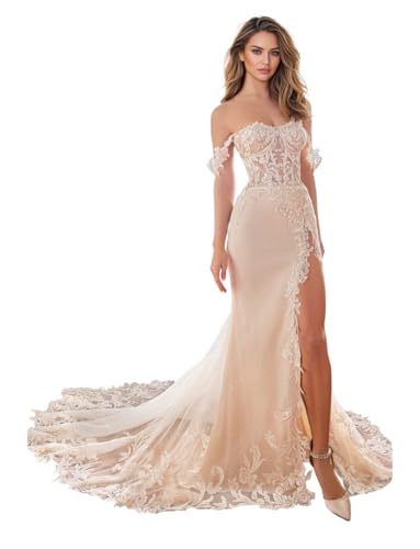 Zeeyecie Mermaid Tulle Wedding Dresses Lace Applique Corset V-Neck Sparkly Bridal Gowns with Train for Brides