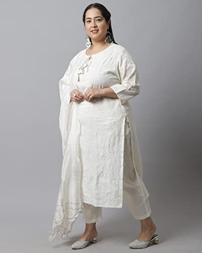 Image of Rajnandini Women's Pure Cambric Cotton Embroidered Plus Size Kurta Set With Dupatta (JOPLVL214X Off-White)