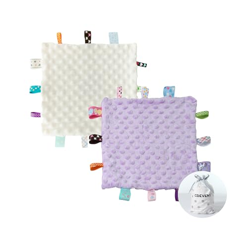 CREVENT Mantas de seguridad con etiqueta para bebés, suaves mantitas pequeñas para niñas, manta sensorial para bebé, gran regalo para baby shower y cumpleaños 24X24cm (Marfil + Púrpura)