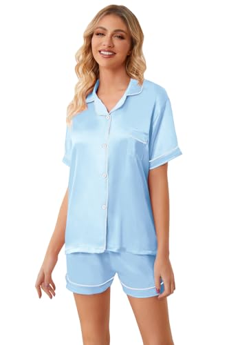 Image of Umeyda Women & Girls Pajamas Set, Soft Satin Lightweight Silk Button-Down Top with Shorts 2 Piece PJS for Mom Boys Kids Gifts